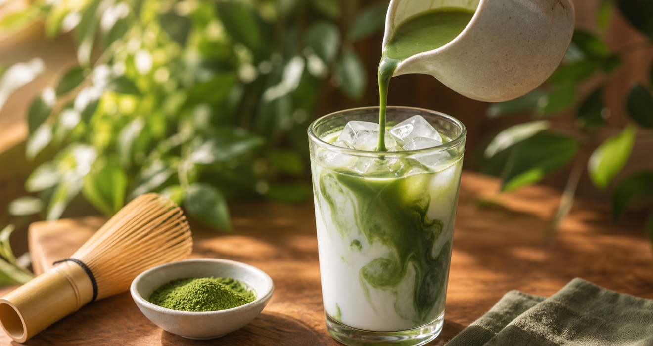 Iced matcha latte with soft green swirls