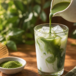 Iced matcha latte with soft green swirls